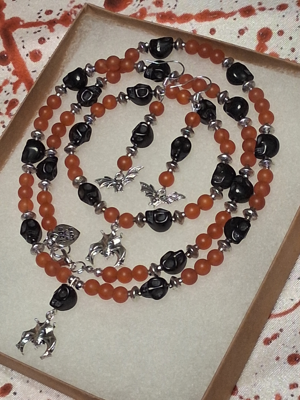 Handmade Halloween Bat And Skulls Gemstone Jewelry Set